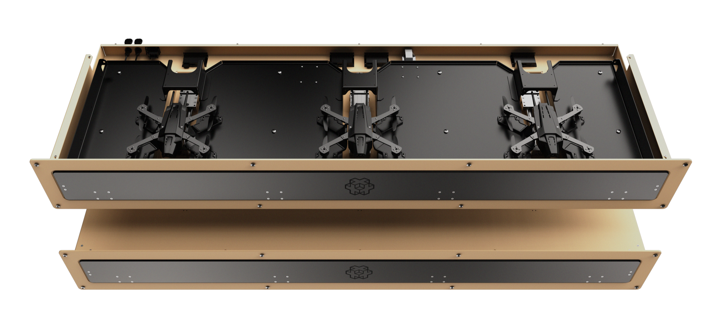 Three robotic drones mounted inside a rectangular frame, viewed from below, against a black background.