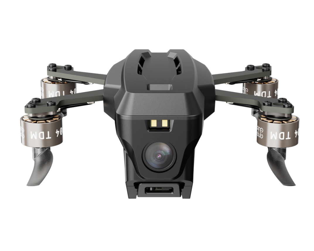 A close-up view of a black drone with visible camera and four propellers.