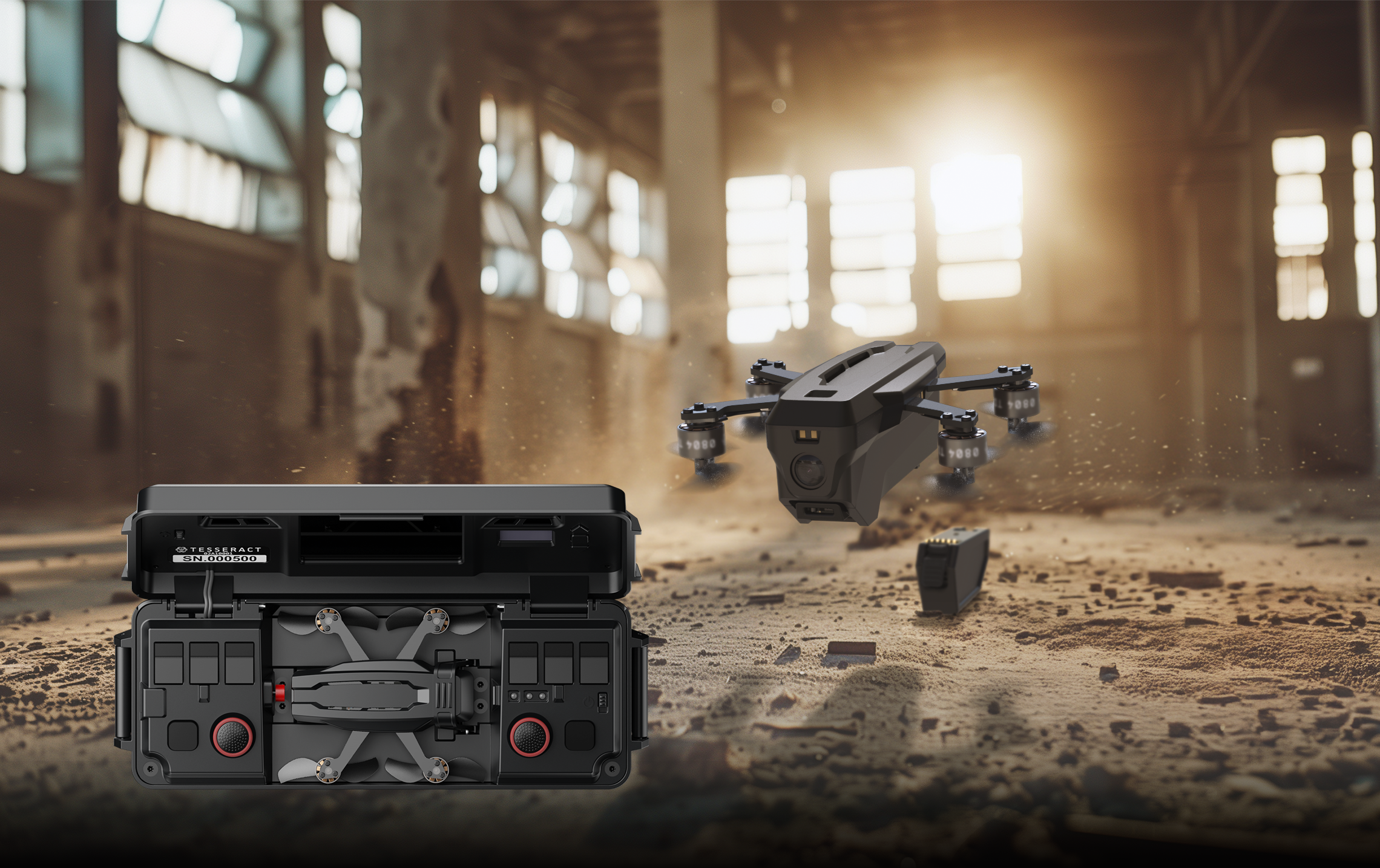 A drone flying in an industrial or warehouse setting with sunlight streaming through large windows, a carrying case and drone accessories are on the floor.