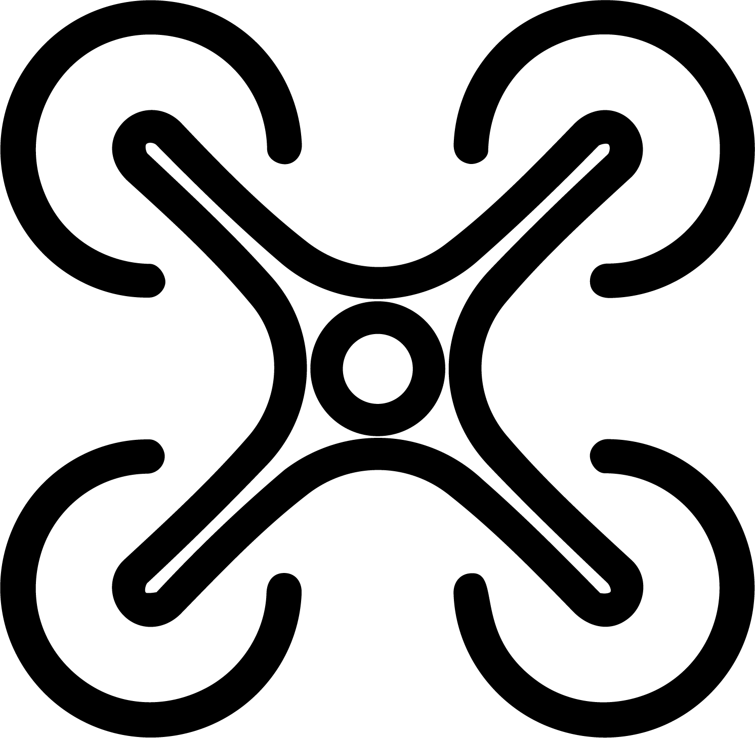 A black and white abstract geometric pattern with symmetrical curved lines and circular shapes.