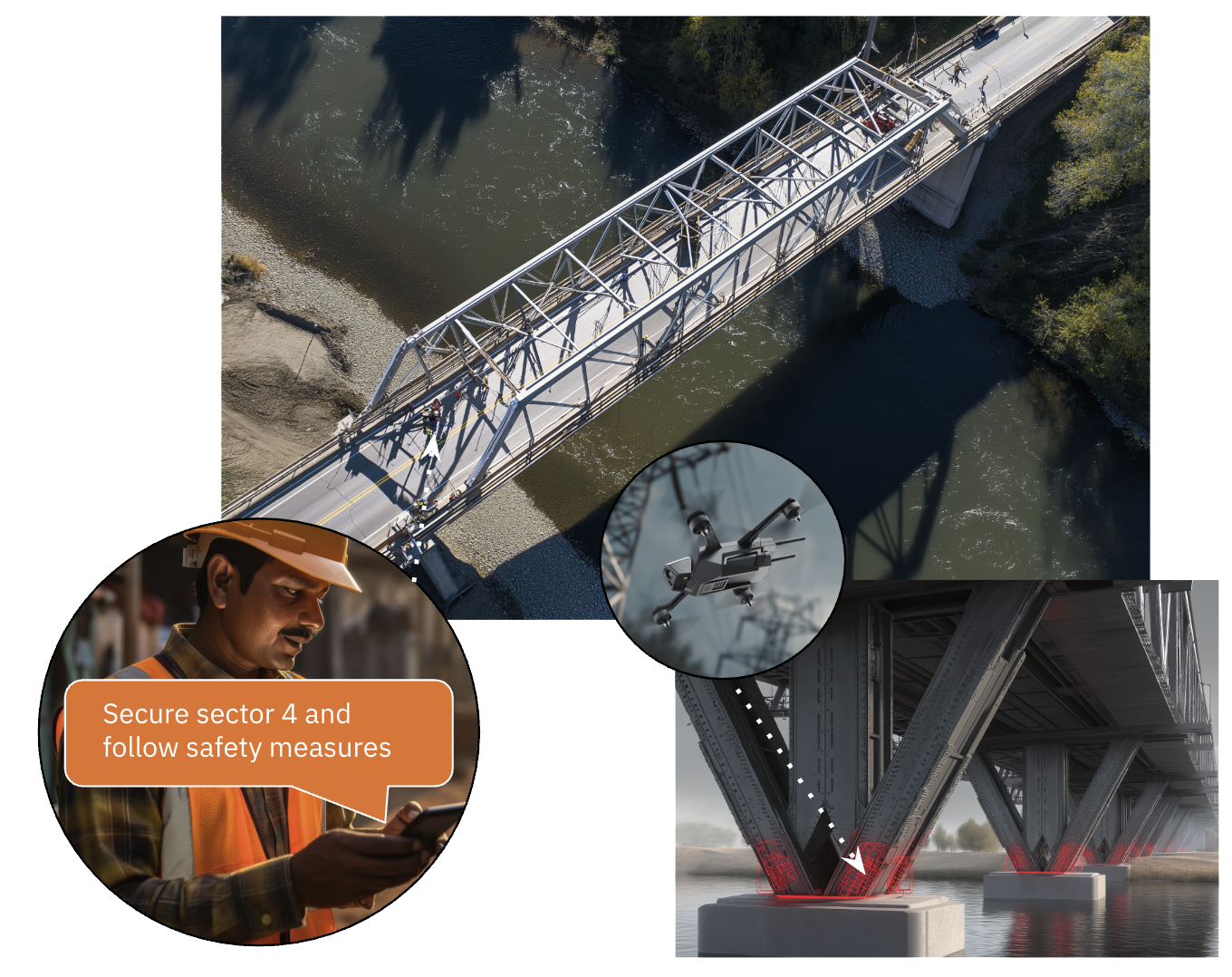 Aerial view of a steel bridge over a river, with construction safety measures being followed. An inset shows a construction worker in safety gear, and another inset displays a drone flying near the bridge's structure. The text reads, 'Secure sector 4 and follow safety measures.'