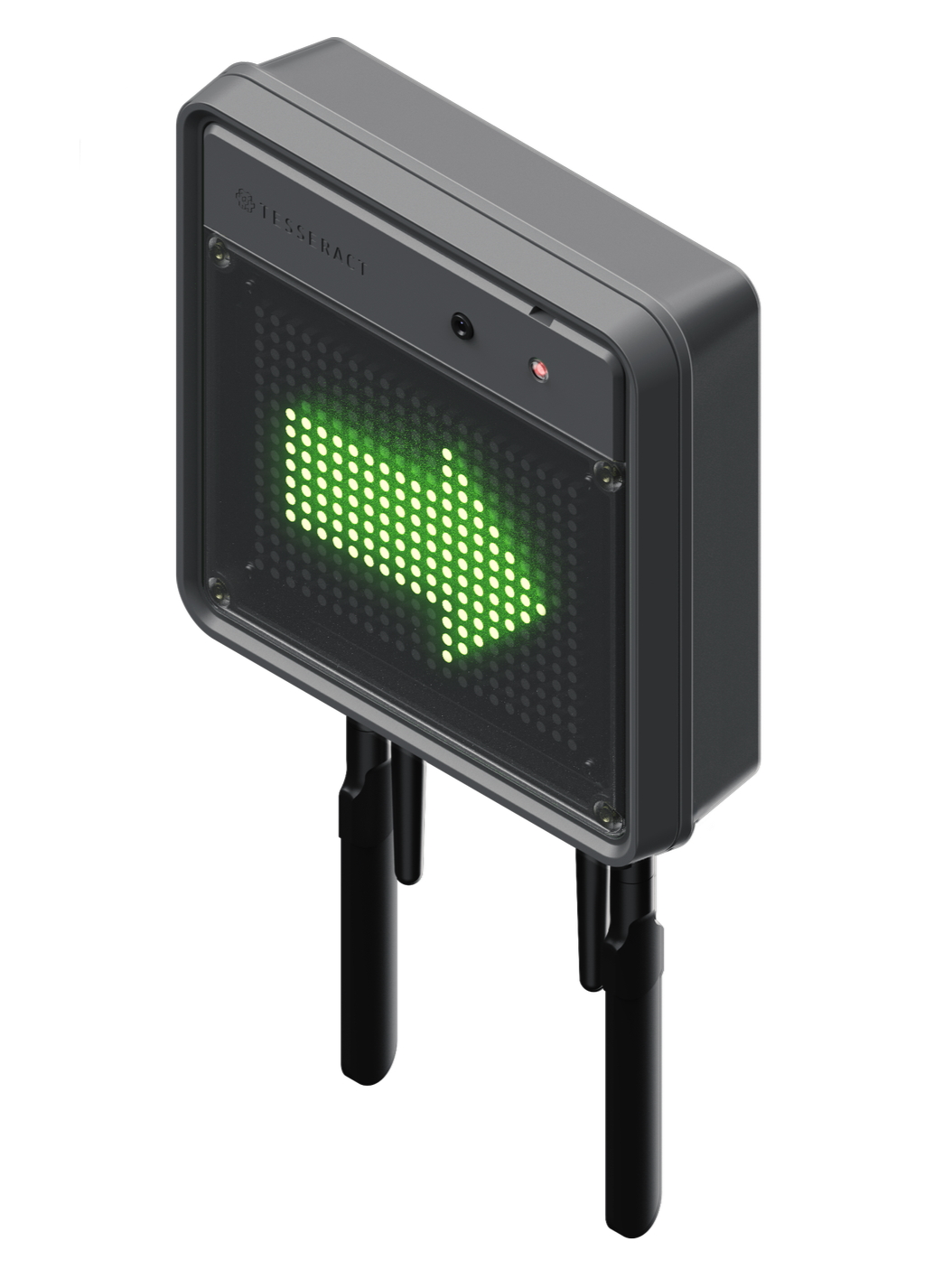 Digital pedestrian crossing signal with green walking figure.