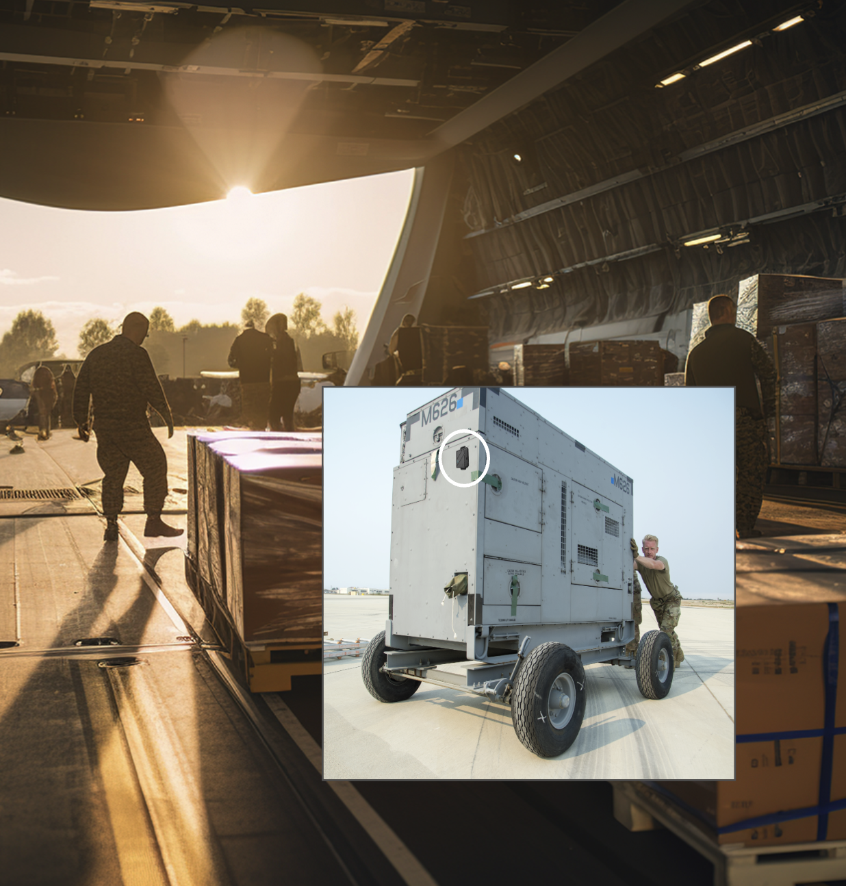 Military personnel and personnel working inside an aircraft hangar, with a large piece of equipment on wheels outside. The scene is illuminated by sunlight coming through the hangar's open entrance.