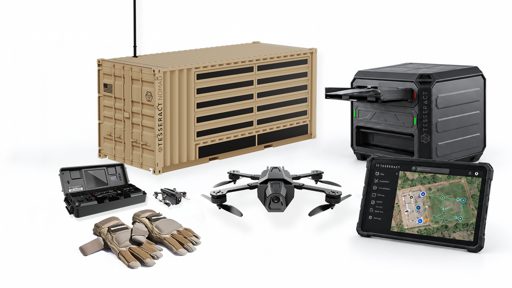 A drone kit with a drone, remote controller, a rugged display tablet, a storage case, and protective gloves, all branded Tesseraxt, alongside a large beige shipping container labeled Tesseraxt Nomad.