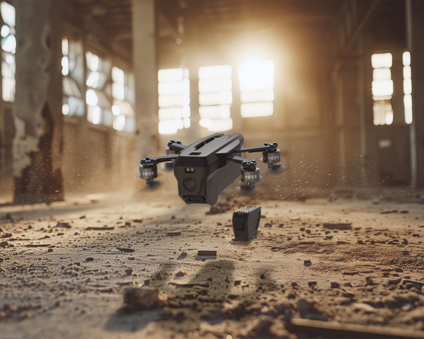 A drone is flying inside an abandoned, dusty building with broken windows and debris on the floor, with sunlight streaming through the windows.