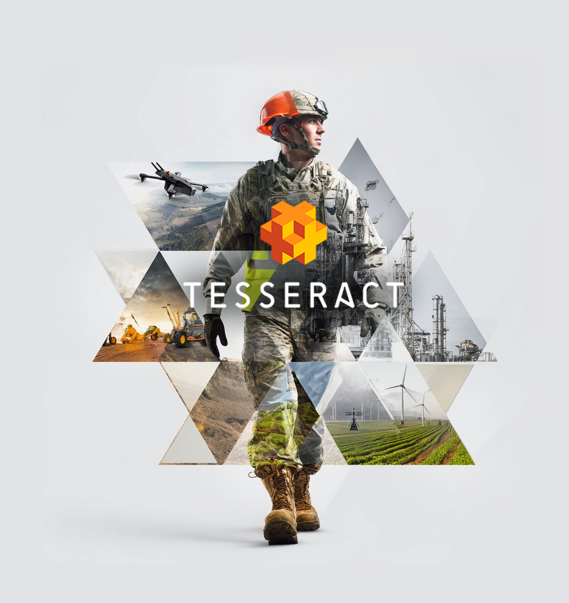 A soldier in uniform holding a helmet, standing in front of a collage of industrial, agricultural, and technological scenes, with the Tesseract logo and text in the center.