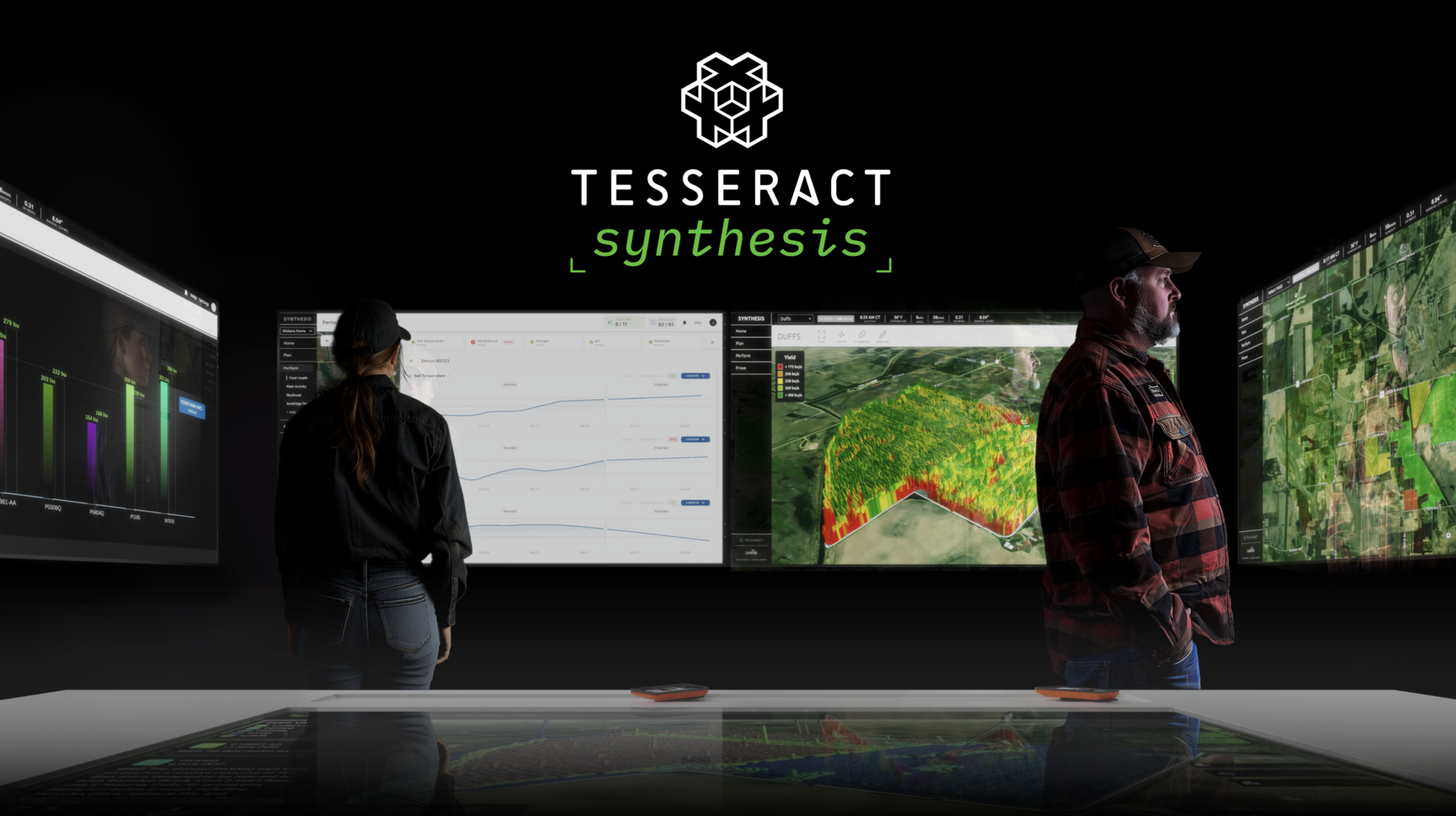 Two people look at multiple large digital screens displaying data visualizations, maps, and graphs in a dark room with the text 'TESSERACT synthesis' above them.