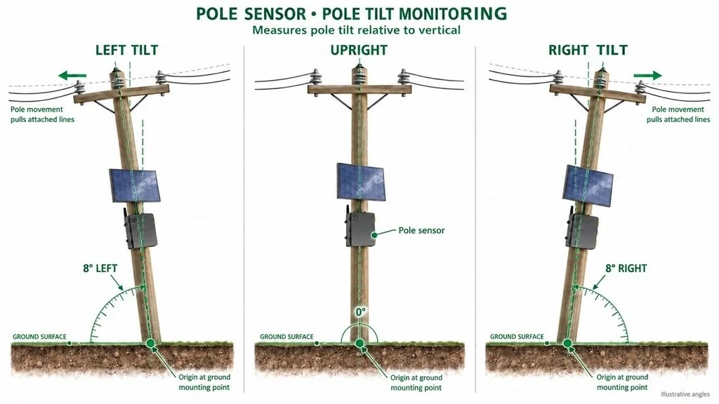 Diagram of a pole sensor system for pole tilt monitoring, showing left tilt, upright, and right tilt positions with measurements of angles and pole movement relative to the ground.