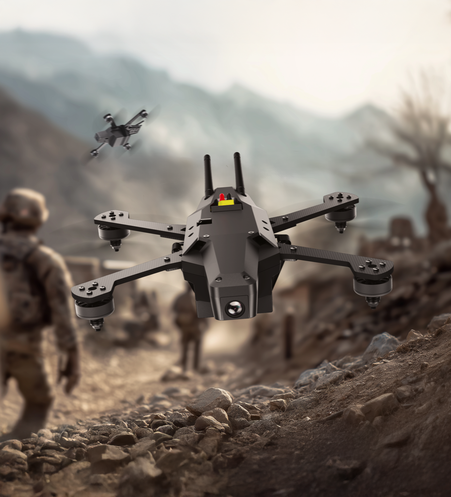 A 7" STRIKER flying in the sky over a rocky landscape.