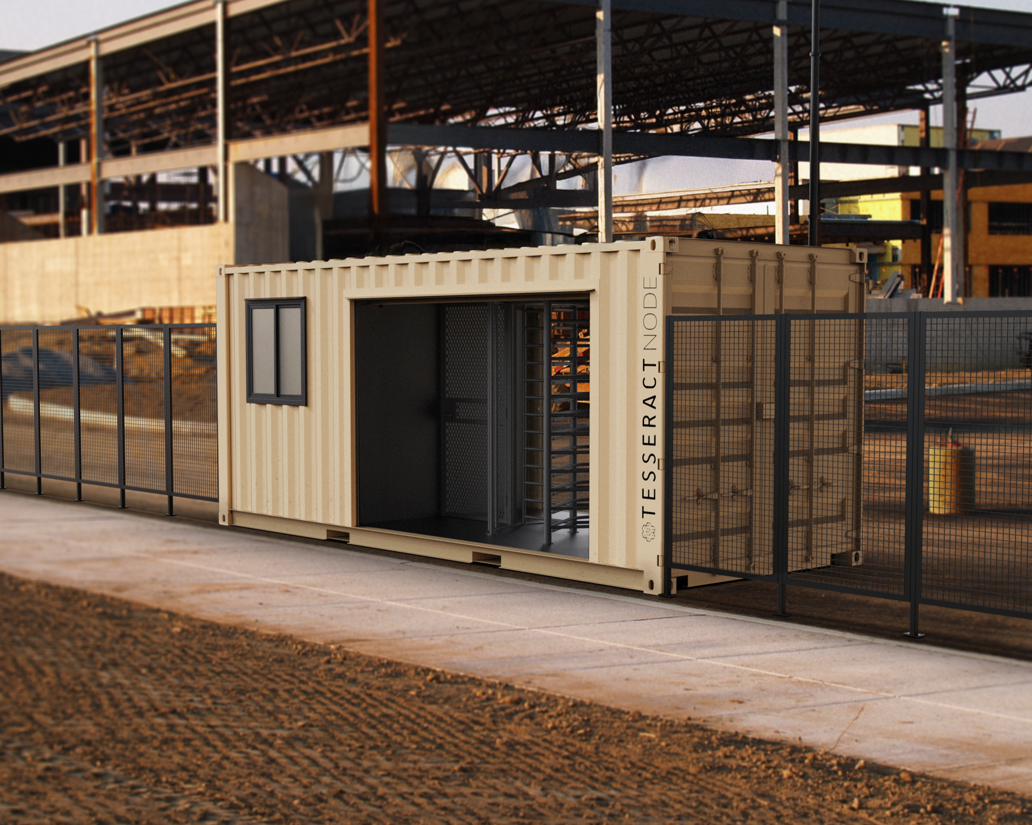 Construction site with building frame, shipping container, and fencing.