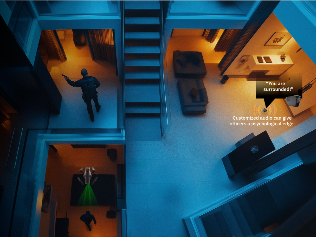 An overhead view of a modern living space with a person holding a gun in a hallway, a robot with a green light, and a warning message about personalized audio security.