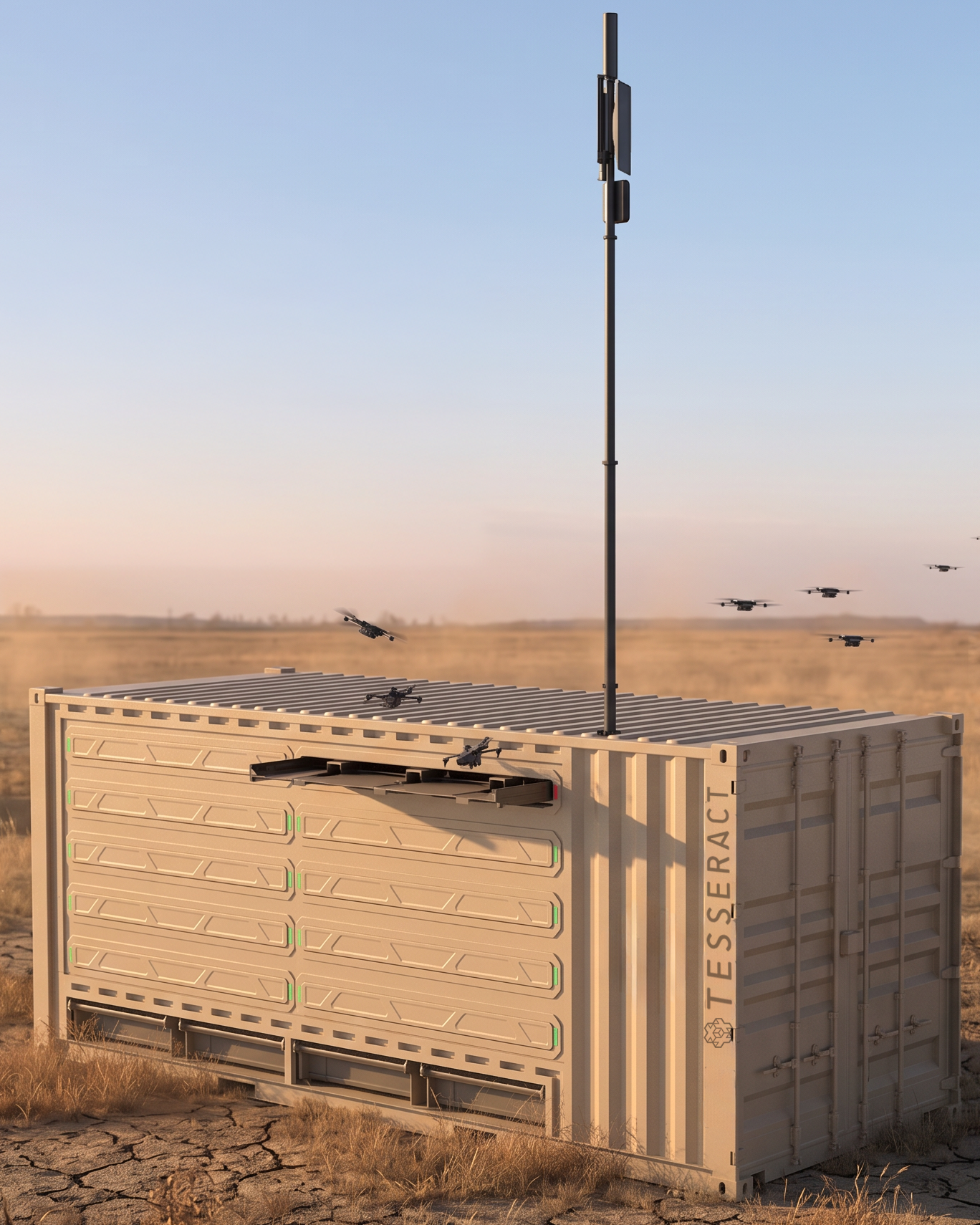 A drone delivery station with multiple small drones flying around a large beige container with an antenna mounted on top in a desert landscape during sunset.