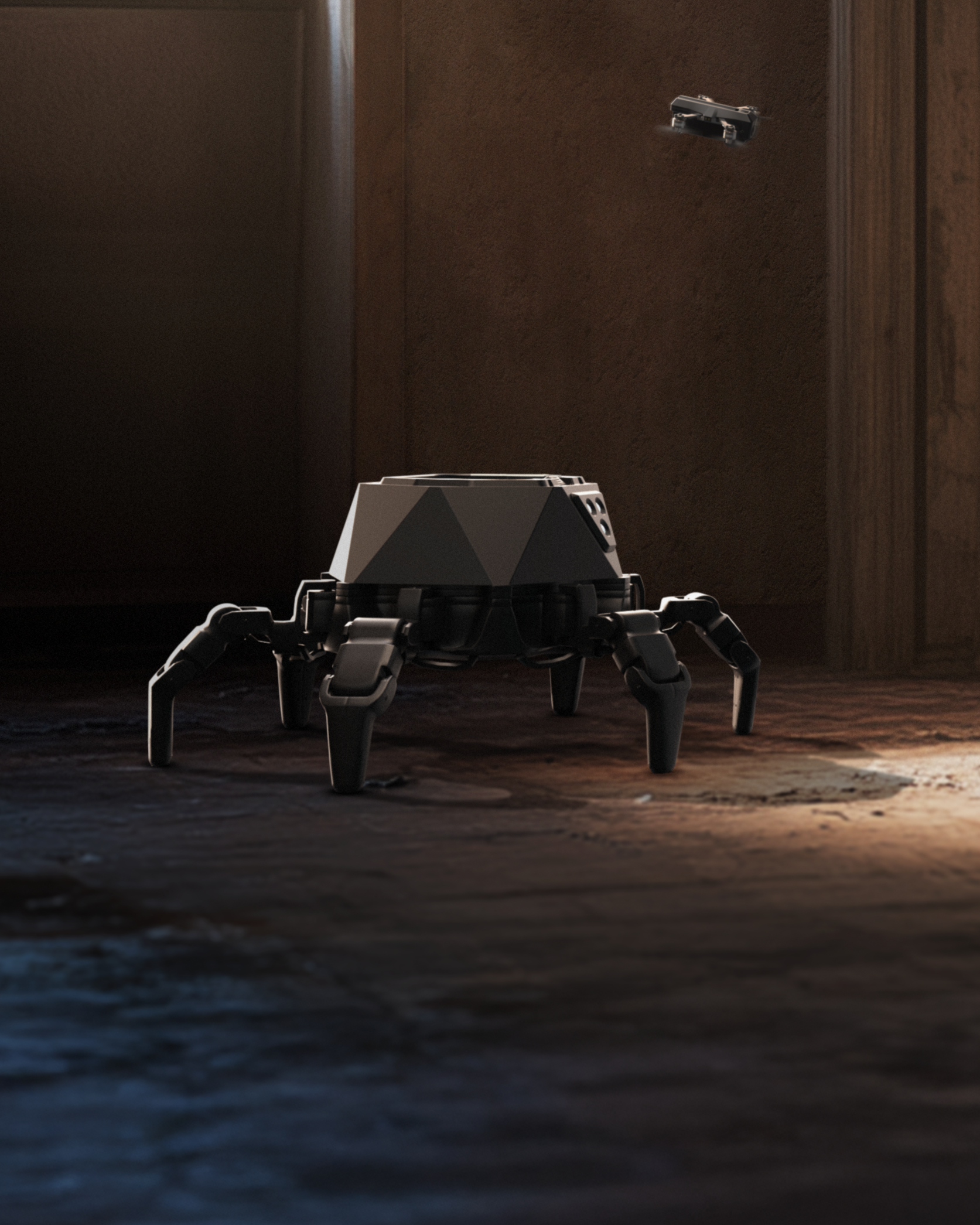 A robotic spider-like machine on a wooden floor with a dark wooden wall in the background, with a small drone flying above it.