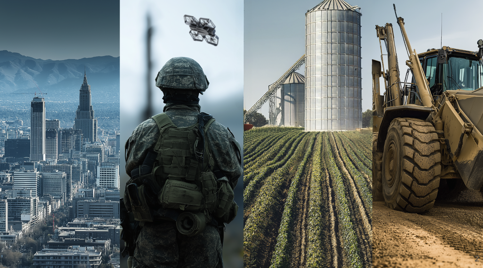 A collage of four images showing a city skyline, a soldier, a farm with silos, and a construction vehicle.