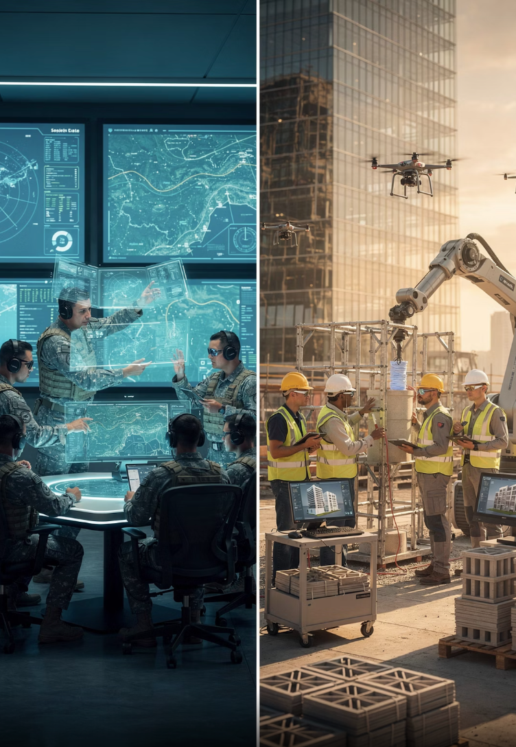 Left side shows military personnel in a command center with blue digital maps and screens; right side depicts construction workers in safety vests and helmets operating machinery and discussing plans at a construction site with drones and building materials.