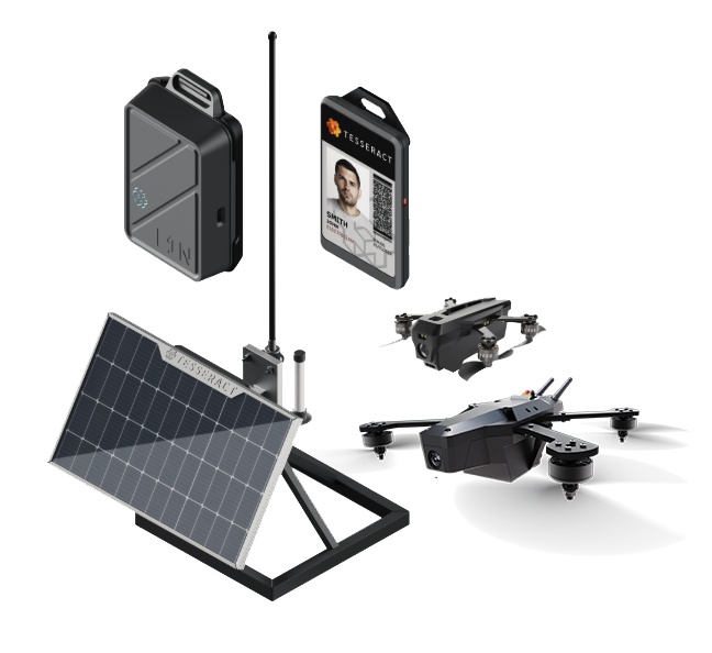 Set of drone equipment including a drone, solar panel, fingerprint scanner, two battery packs, a controller, and a small electronic device.