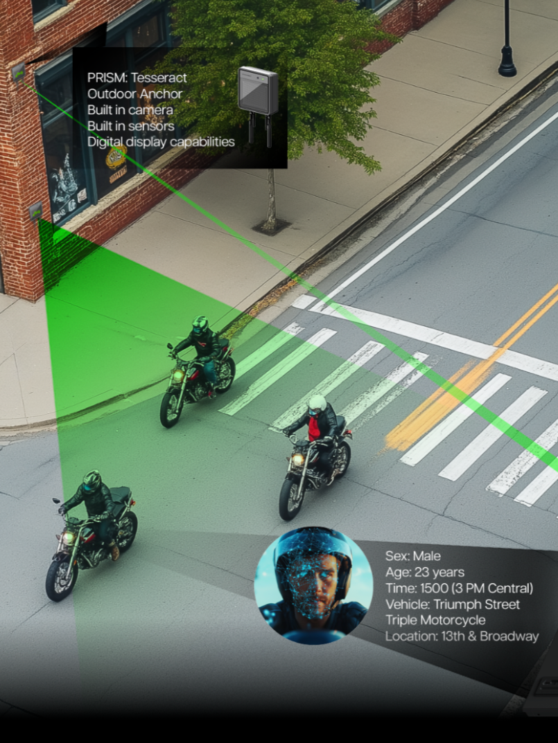 A digital map showing three motorcyclists crossing a city street at a crosswalk, with an overlay displaying privacy info about a person and details about a street-mounted camera.