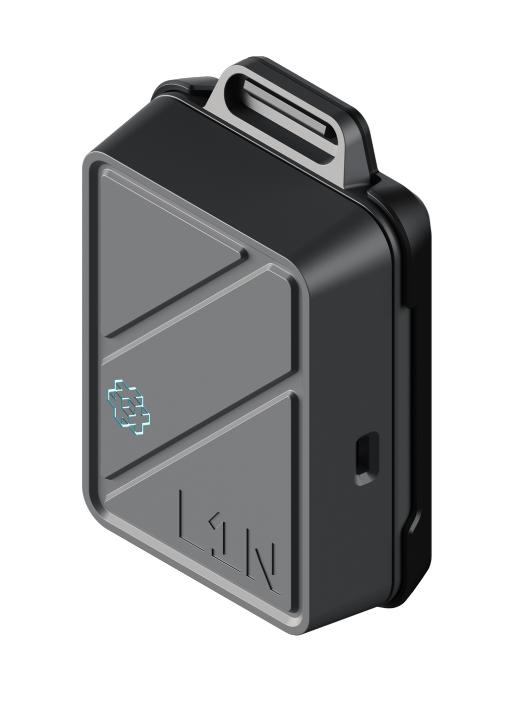A compact medical device with a gray front panel and a small digital display showing a cross icon, mounted on a black case with a handle on top.