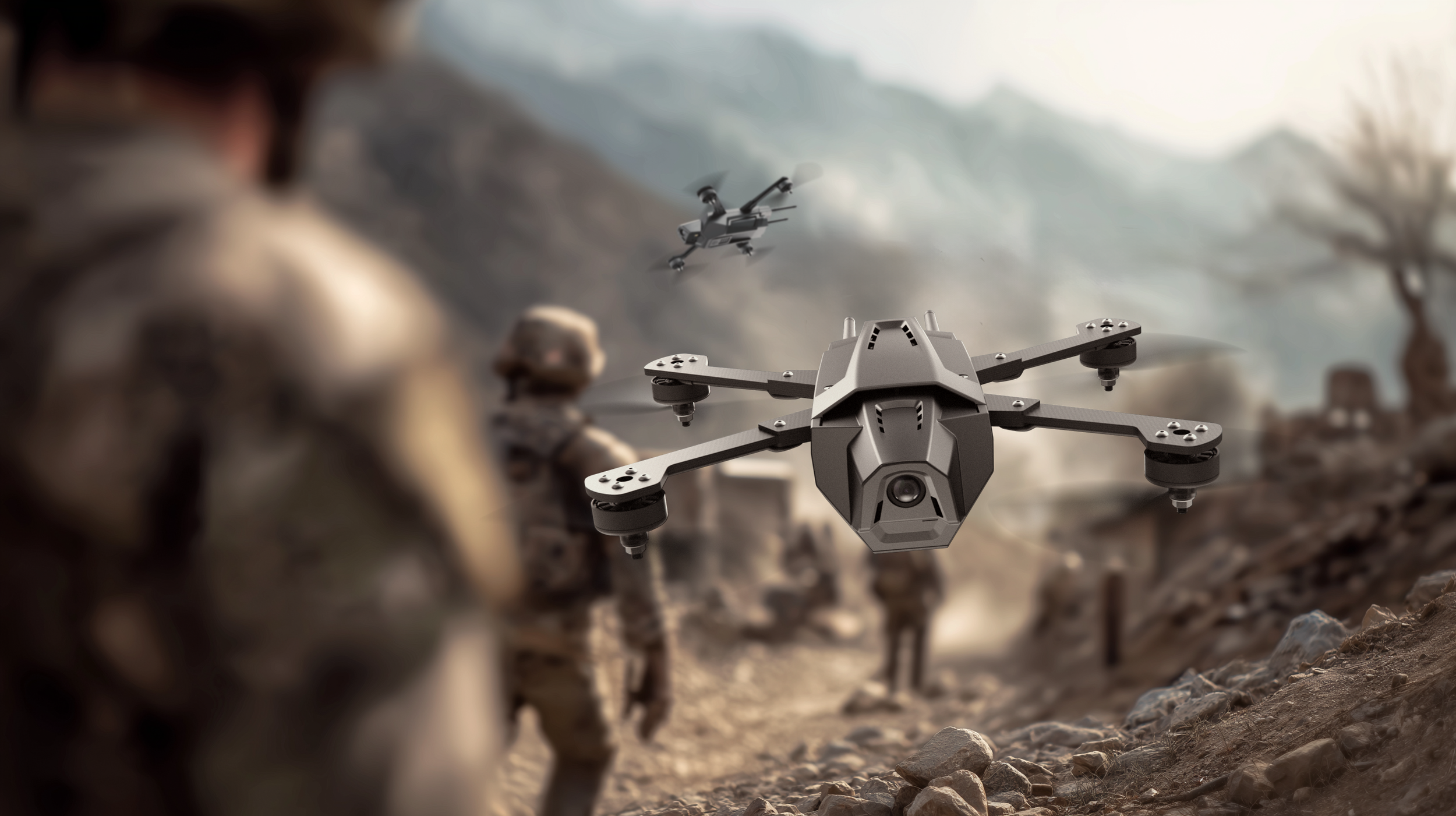 A drone flying in a rocky, mountainous landscape with soldiers in camouflage uniforms observing from the foreground.