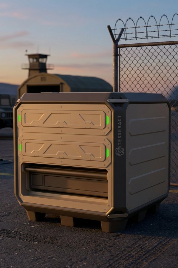 Autonomous delivery robot with green indicator lights, labeled 'TesseraCT', parked on an asphalt surface near a chain-link fence with barbed wire, in front of a building and an observation tower at sunset.