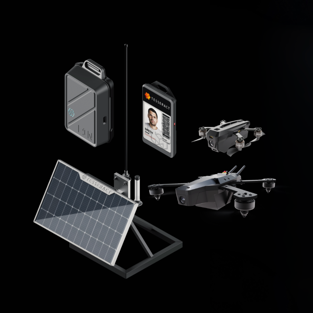 A set of drone equipment including two drones, a solar panel, a portable device, a TESSERACT digital ID, and a receiver antenna, all arranged against a black background.