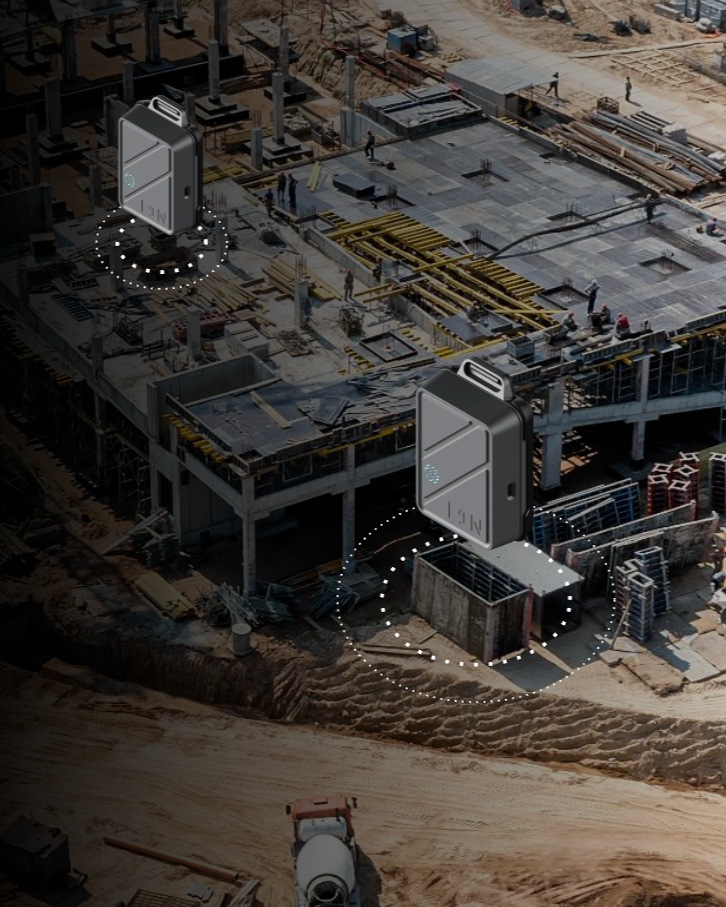 Construction site with workers and equipment, overlaid with Tesseract trackers resembling wireless connections and dotted paths.