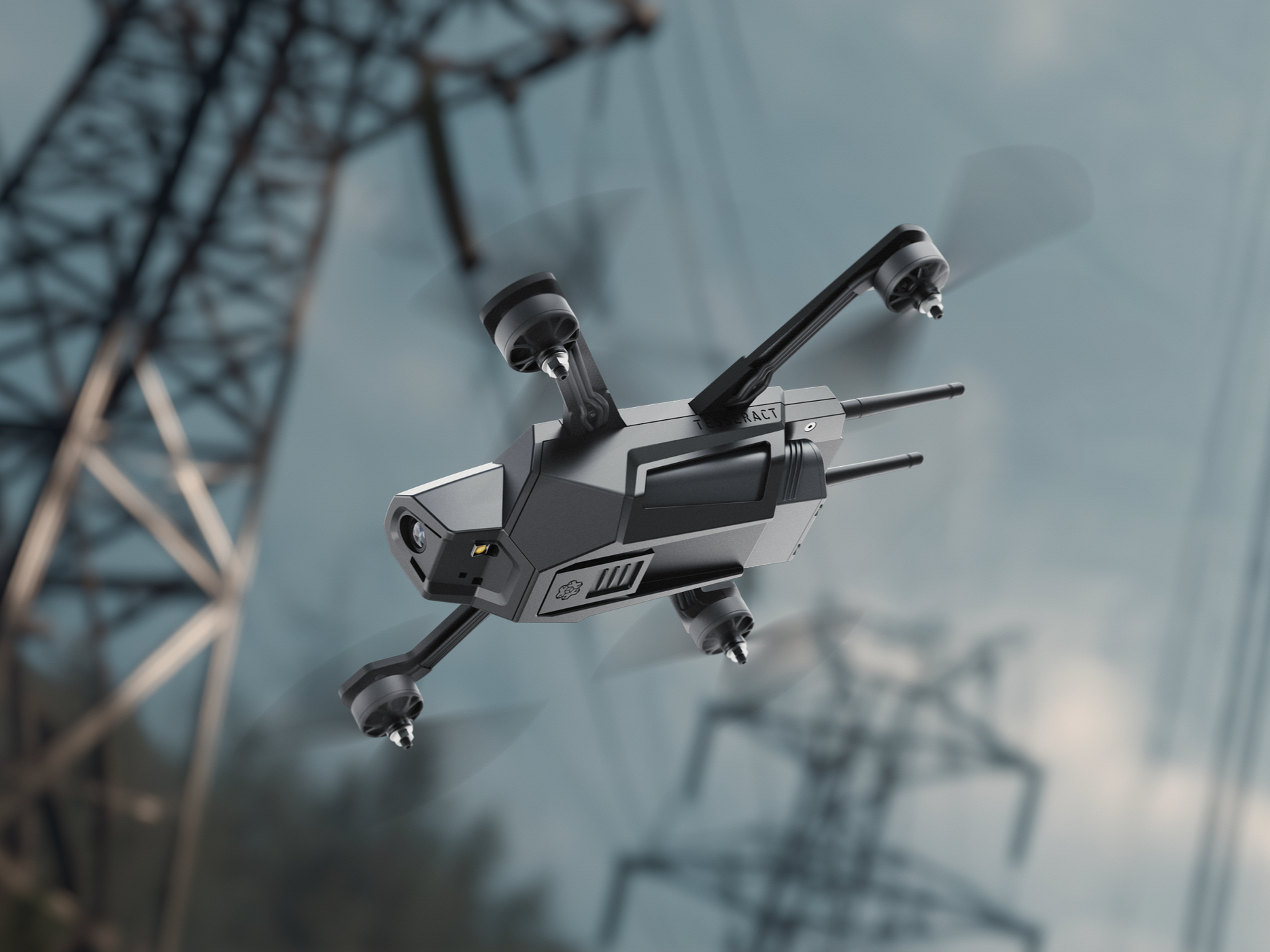 A drone with a camera mounted on a gimbal, flying near a tall lattice tower against a cloudy sky.