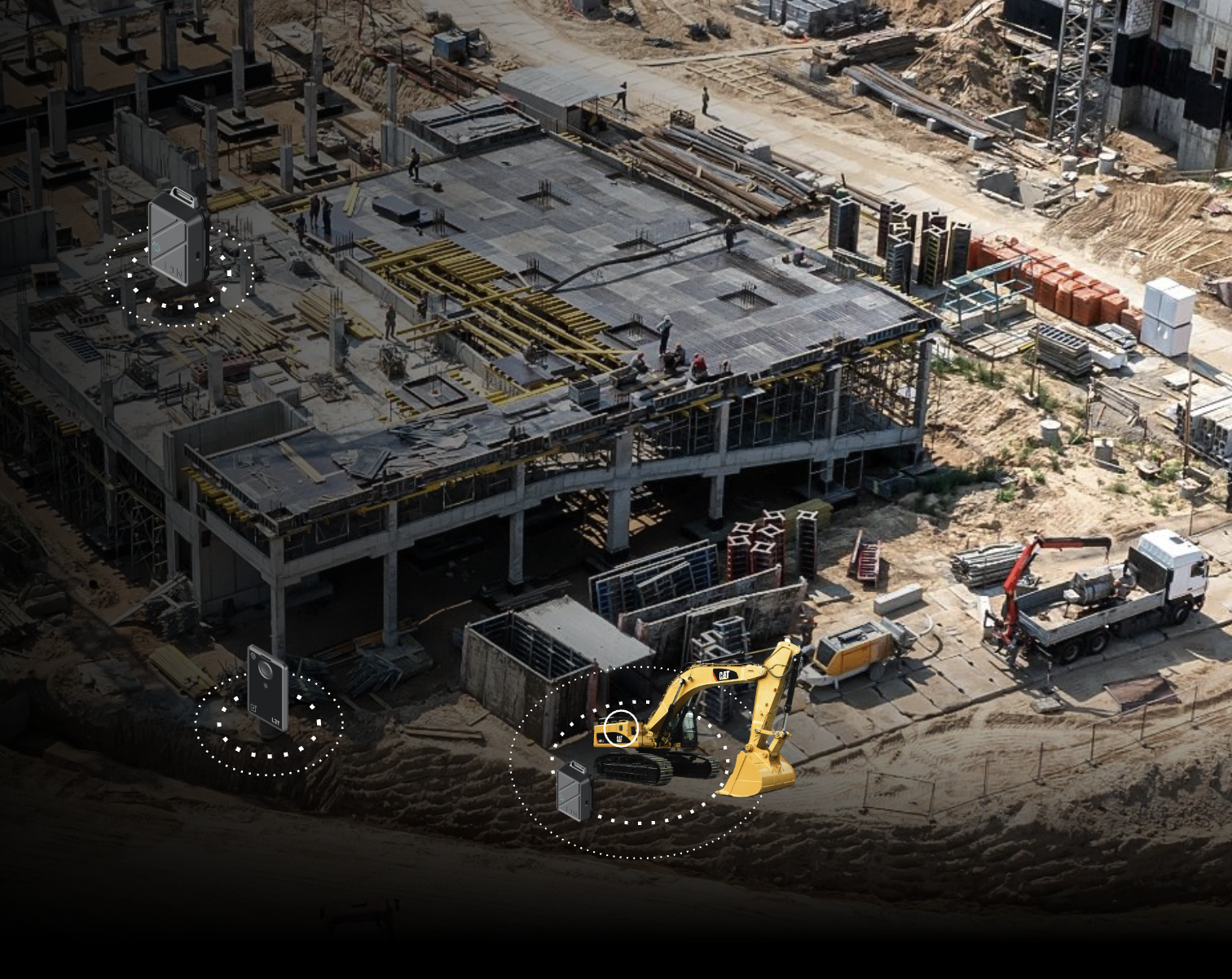 Construction site with a partially built multi-story building, workers, construction equipment, and digital graphics of smart devices indicating technology integration.