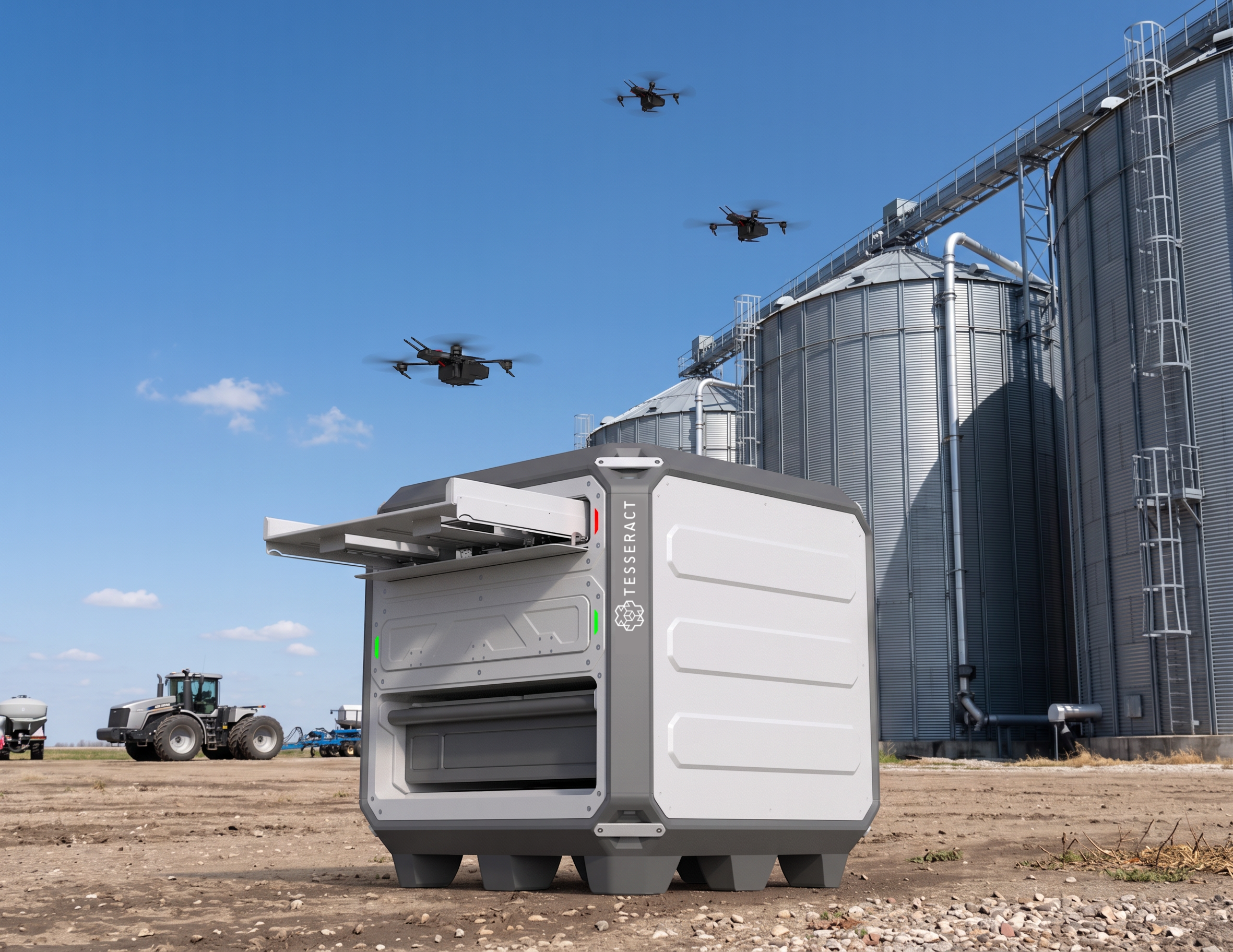 Autonomous delivery robot with sensor and charging lights on farmland with combine silos and drones flying in the blue sky.