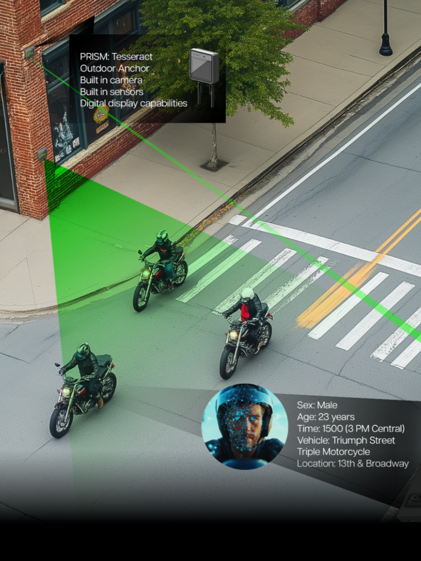 Overlay of augmented reality data showing details of three motorcyclists on a city street, including their location, vehicle type, and personal information, with a green scanning cone projecting from a device on a building.