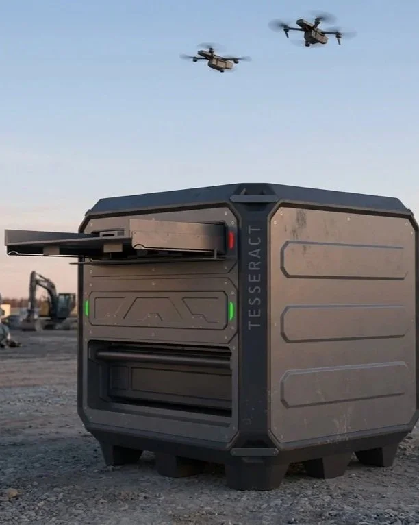 A large, industrial-looking 3D printer with the label 'TESSERACT' on the side, set outdoors on a construction site. Three drones are flying in the sky above the printer.