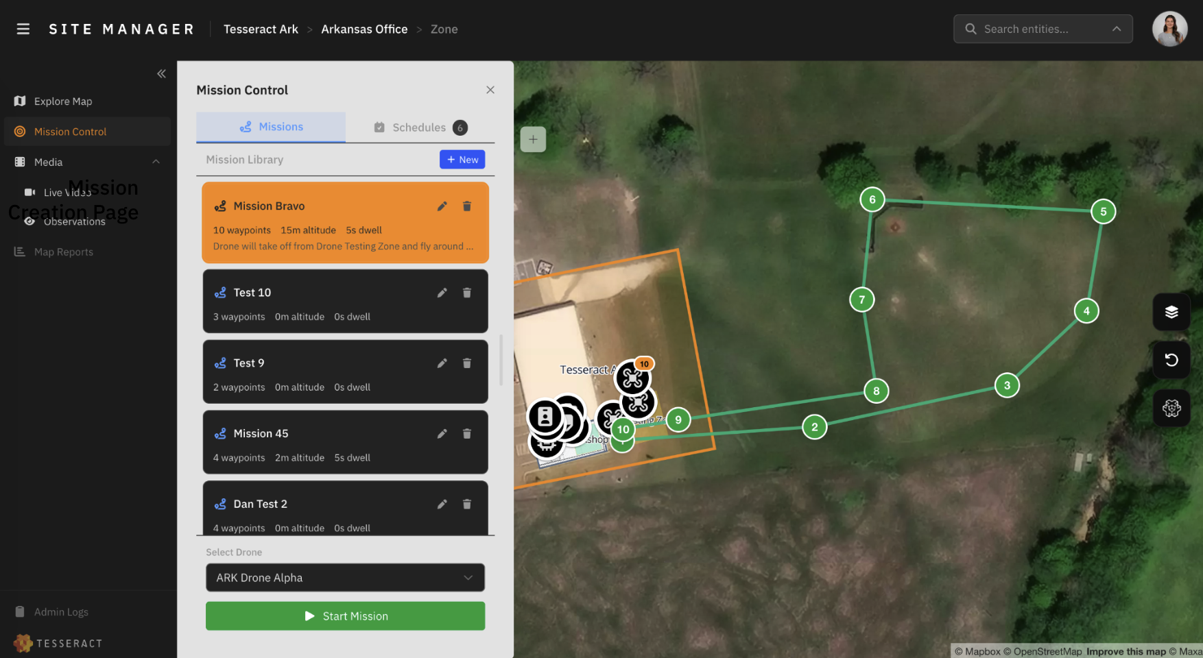 Screenshot of a digital map showing a drone mission planning interface with waypoints outlined in green, and labels for different missions and waypoints on the left panel.