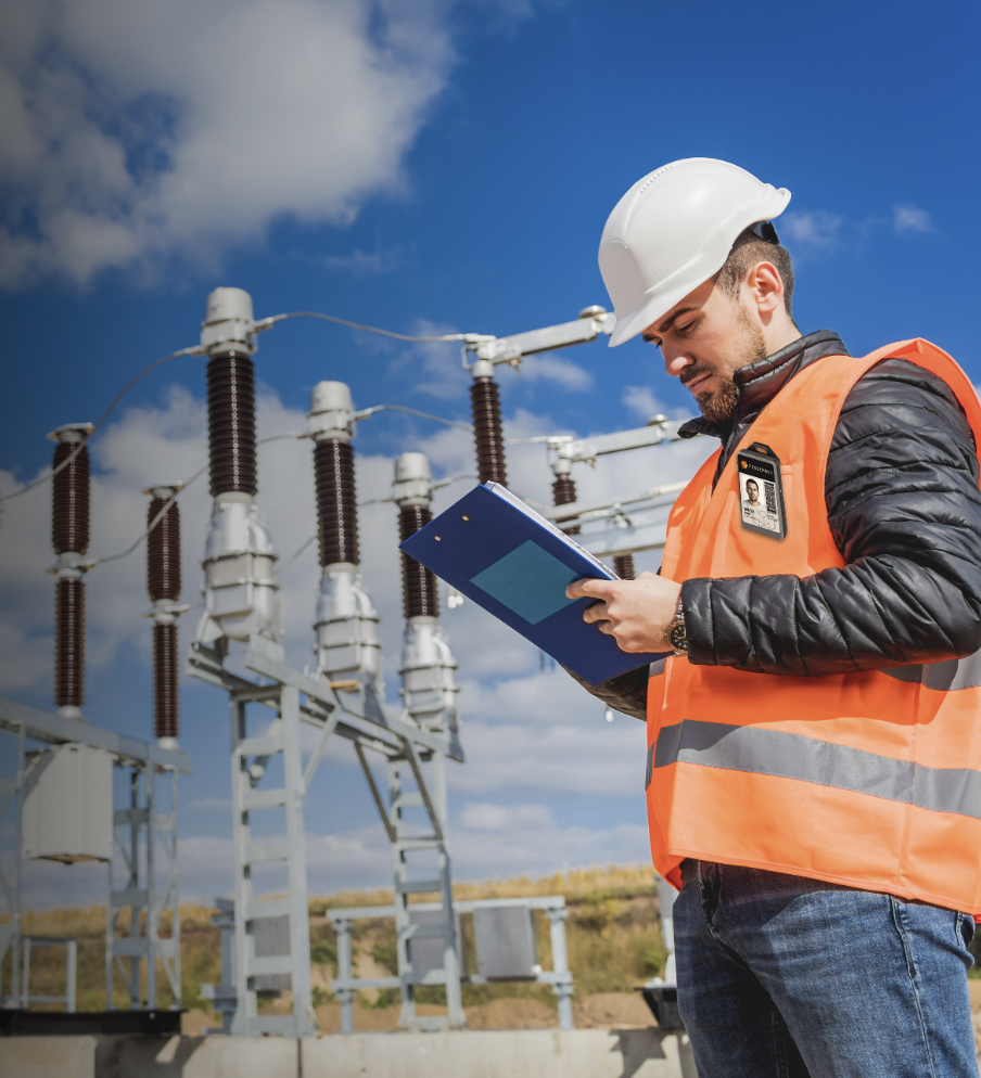 A male electrical engineer wearing a white safety helmet, orange safety vest, and a black jacket, reading a clipboard at an outdoor power substation with electrical transformers and insulators under a partly cloudy sky.