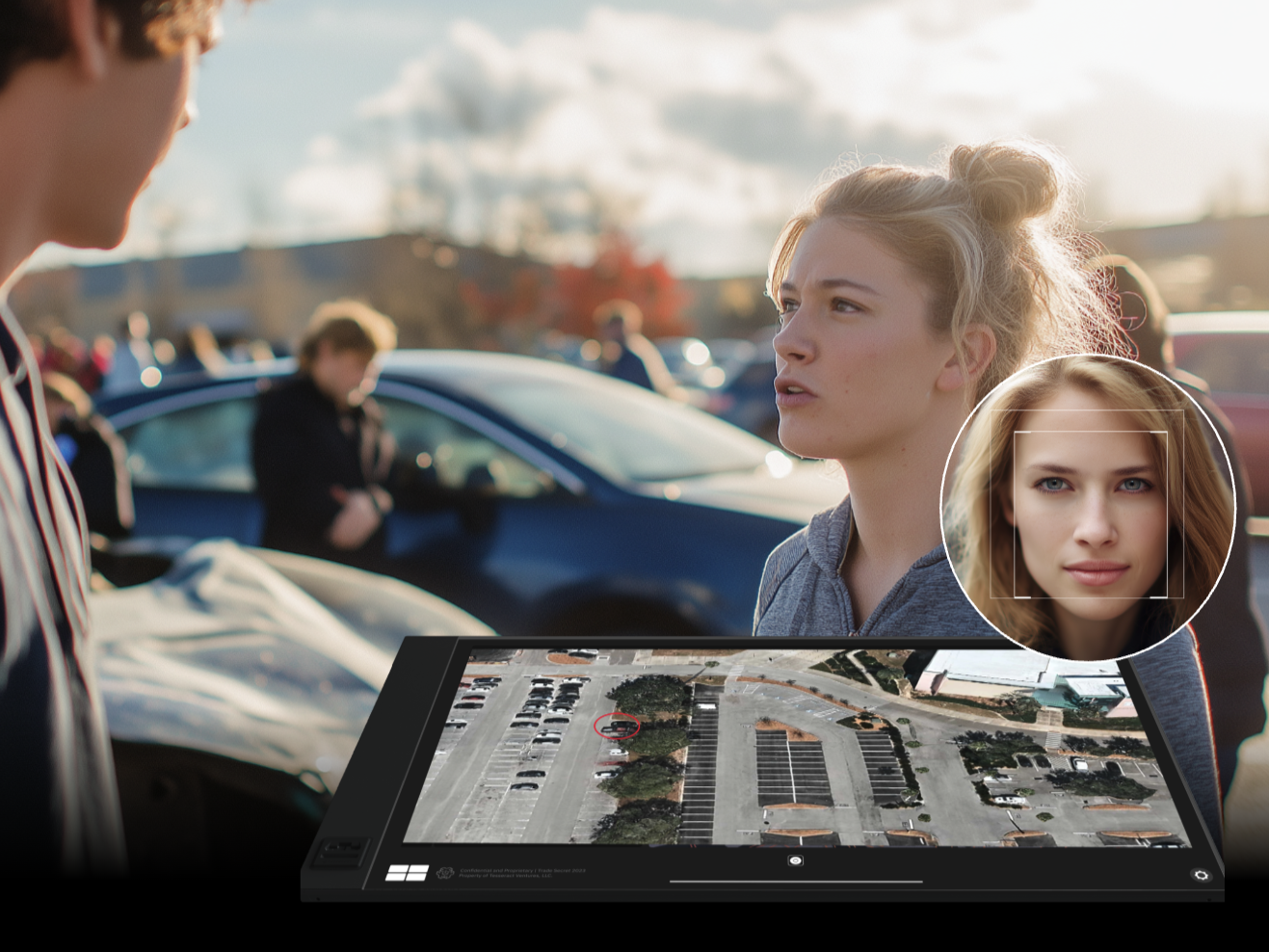 A woman and a man are standing outdoors in a parking lot having a conversation. The woman has blonde hair tied up and is looking at the man with a serious expression. The man, seen partly from the side, is looking at her. There are cars and other people in the background. The woman is holding a large digital tablet displaying an aerial view of the parking lot with a red circle around a specific car, suggesting security or surveillance activity.