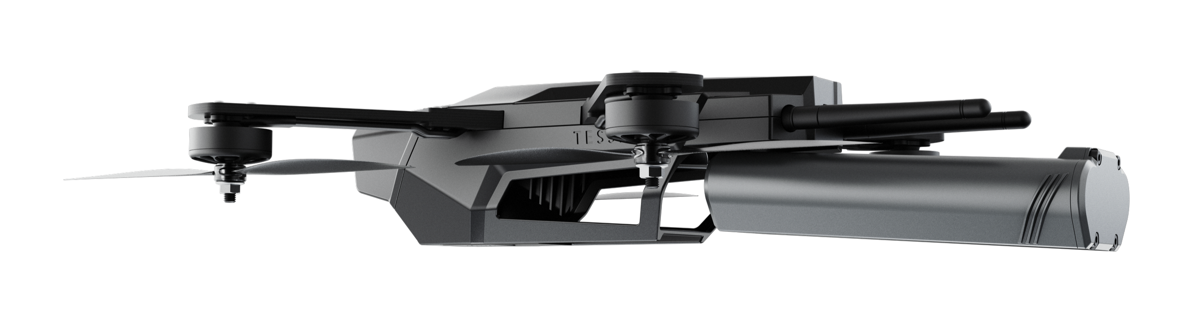 A close-up of a drone with a sleek black and gray design, featuring propellers and a camera mount.