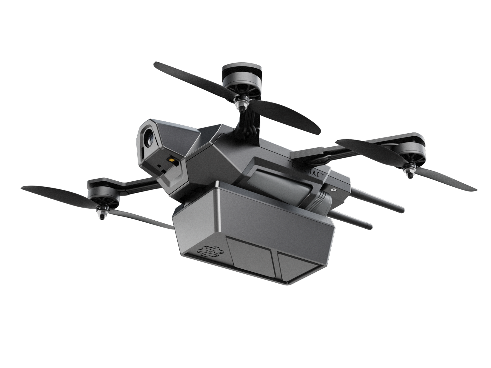A gray quadcopter drone with four propellers and a mounted camera against a black background.