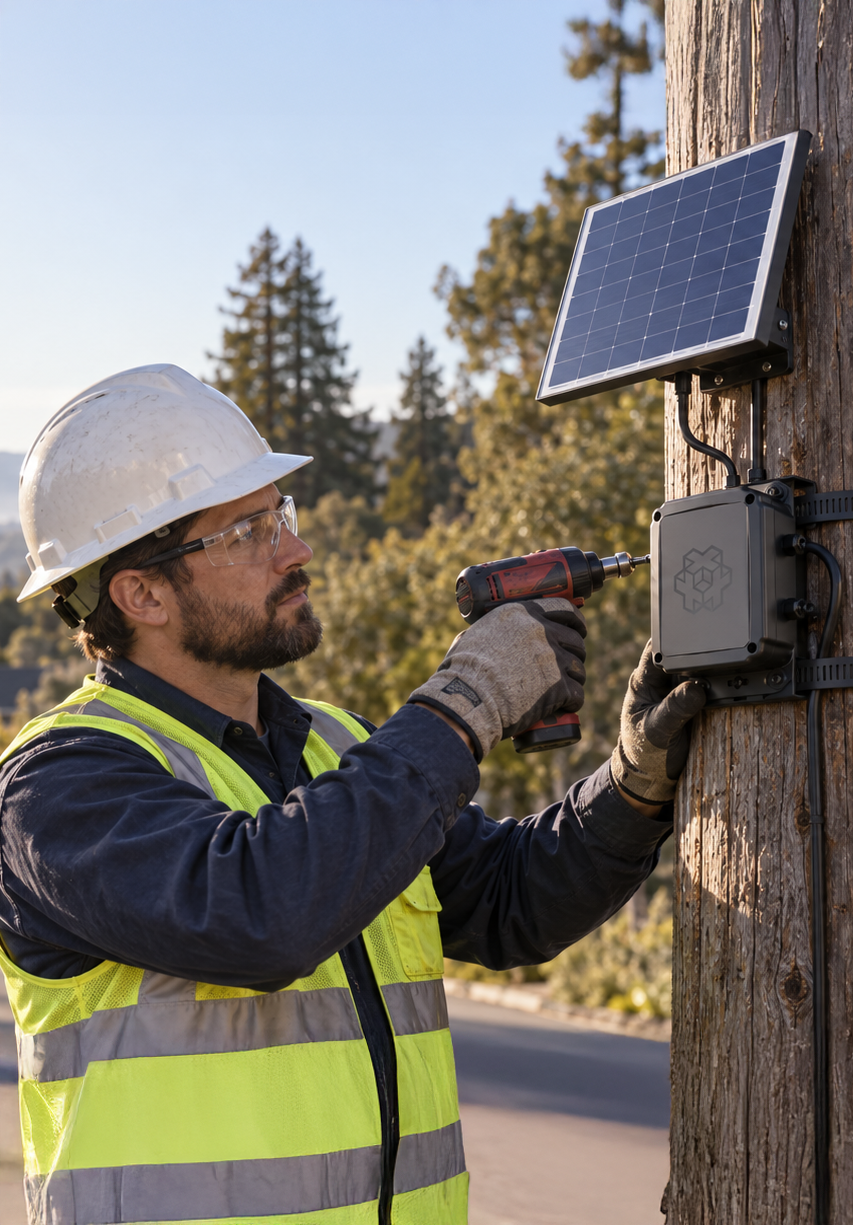 A man with a beard wearing a white safety helmet, glasses, a yellow high-visibility vest, and work gloves is working on an electrical box mounted on a wooden utility pole. The box is connected to a small solar panel installed on the pole. The man is using a power drill or screwdriver to work on the box in an outdoor setting with trees and a clear sky in the background.