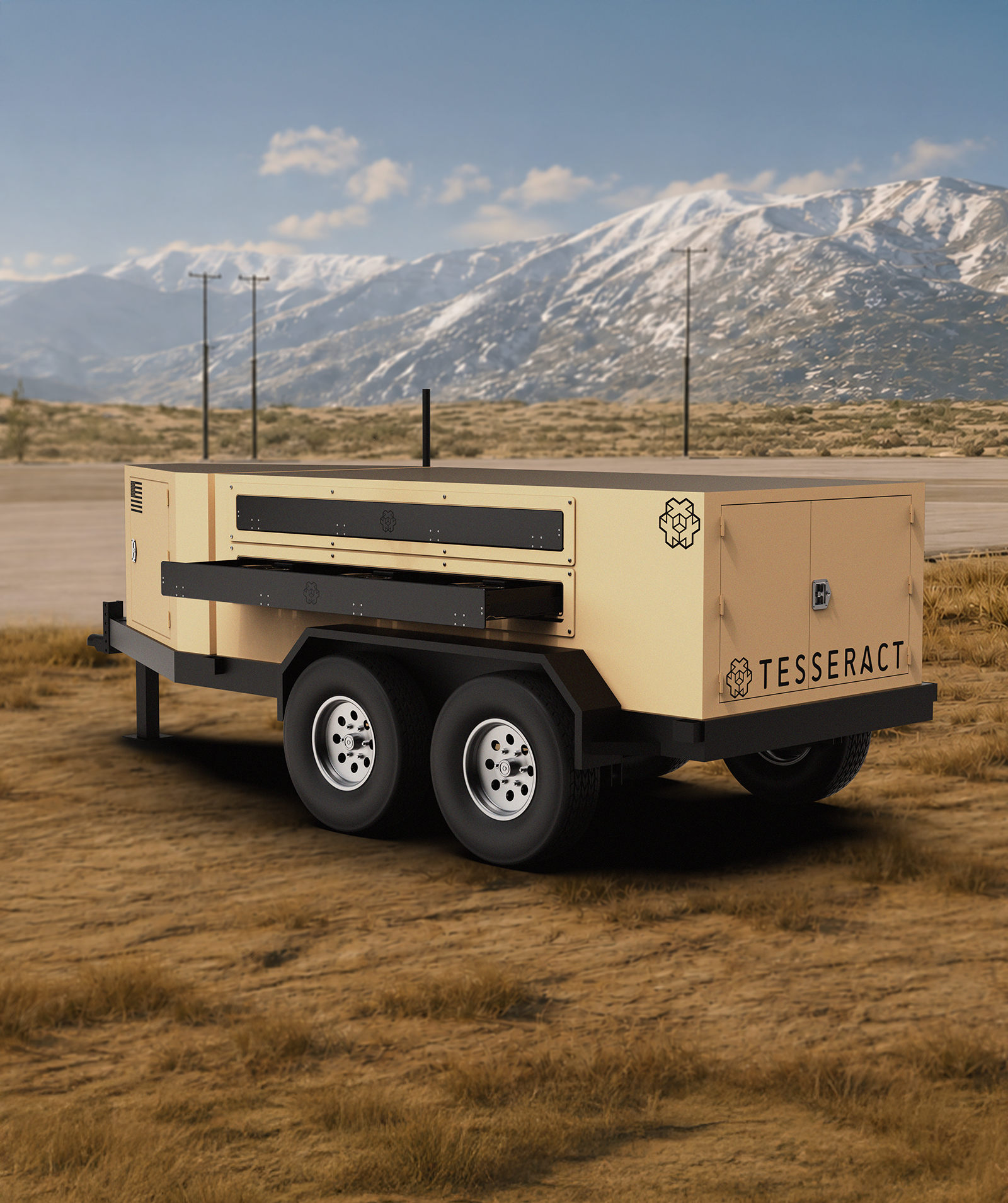 A mobile on a trailer with the logo 'TESSERACT' in a desert landscape with mountain range and power lines in the background.