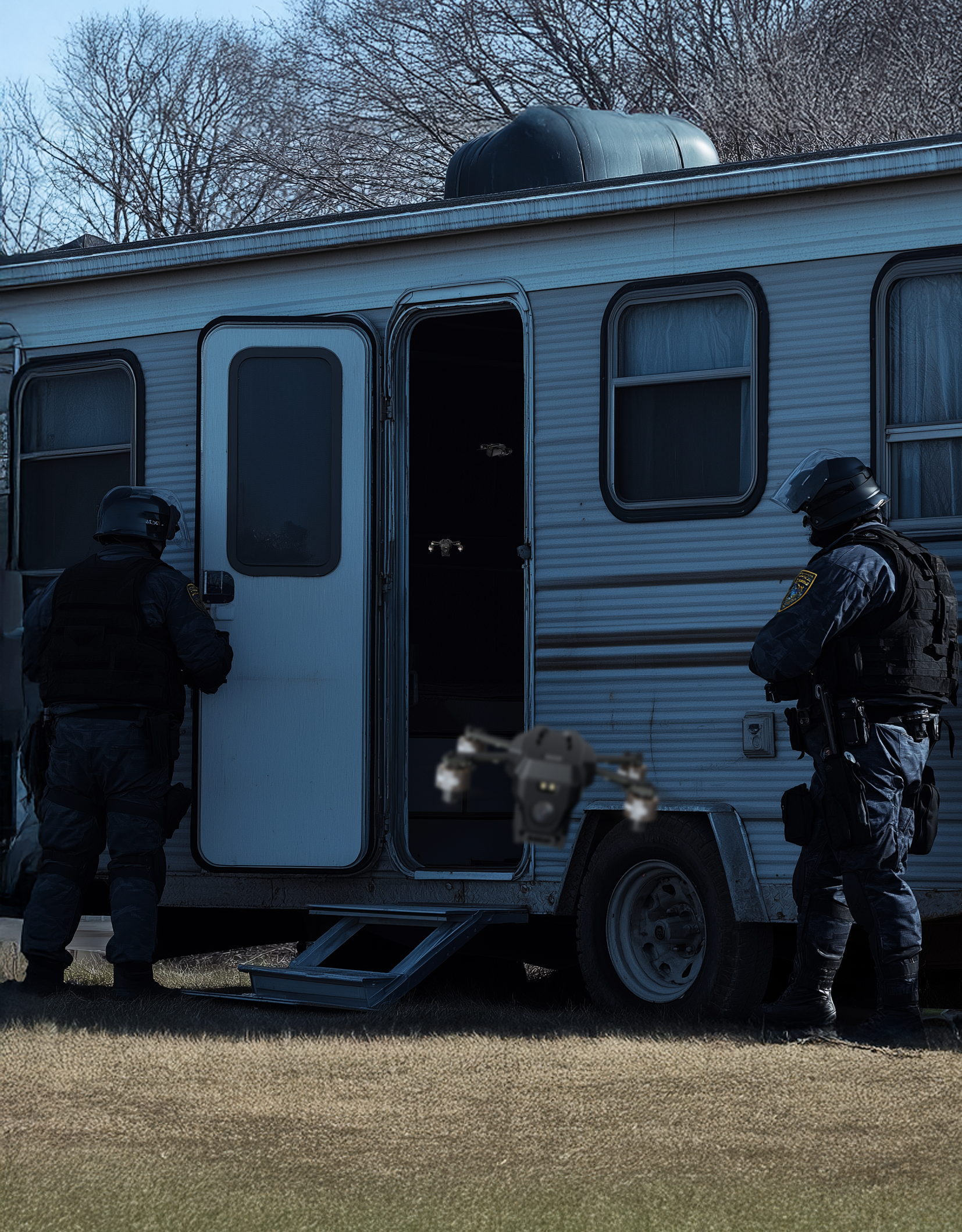 Two police officers in tactical gear near a white camper trailer, with the door open, outdoors with bare trees in the background.