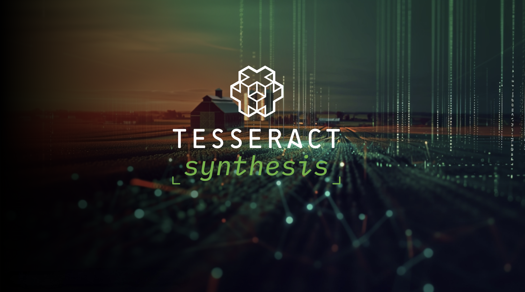 Digital artwork with a futuristic cityscape and green matrix-style code, featuring Tessera CT logo and the text 'synthesis'.