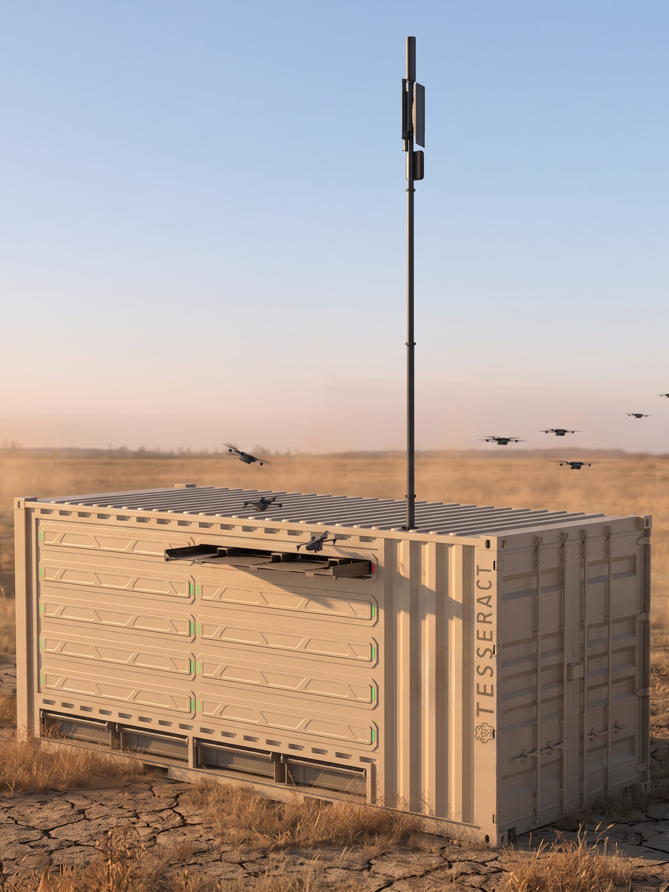 A beige container with a tall antenna mounted on top, situated in a dry, cracked field with seven drones flying nearby against a clear sky during sunset.