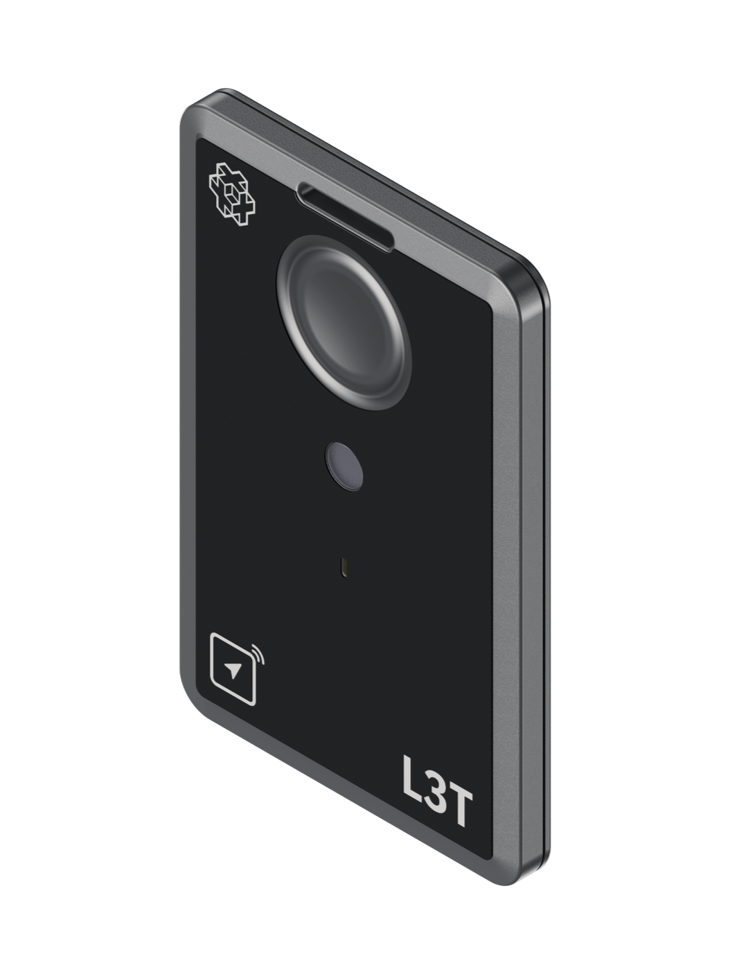 A close-up of a modern electronic device with a camera lens, a fingerprint scanner, and various symbols and labels on its black surface.