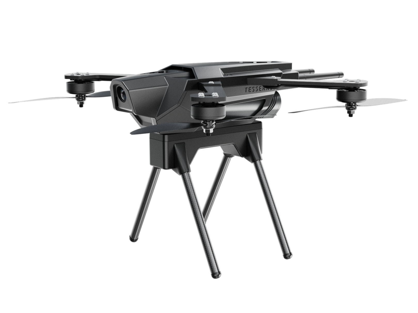 A black quadcopter drone with four propellers mounted on a tripod-like stand, set against a black background.