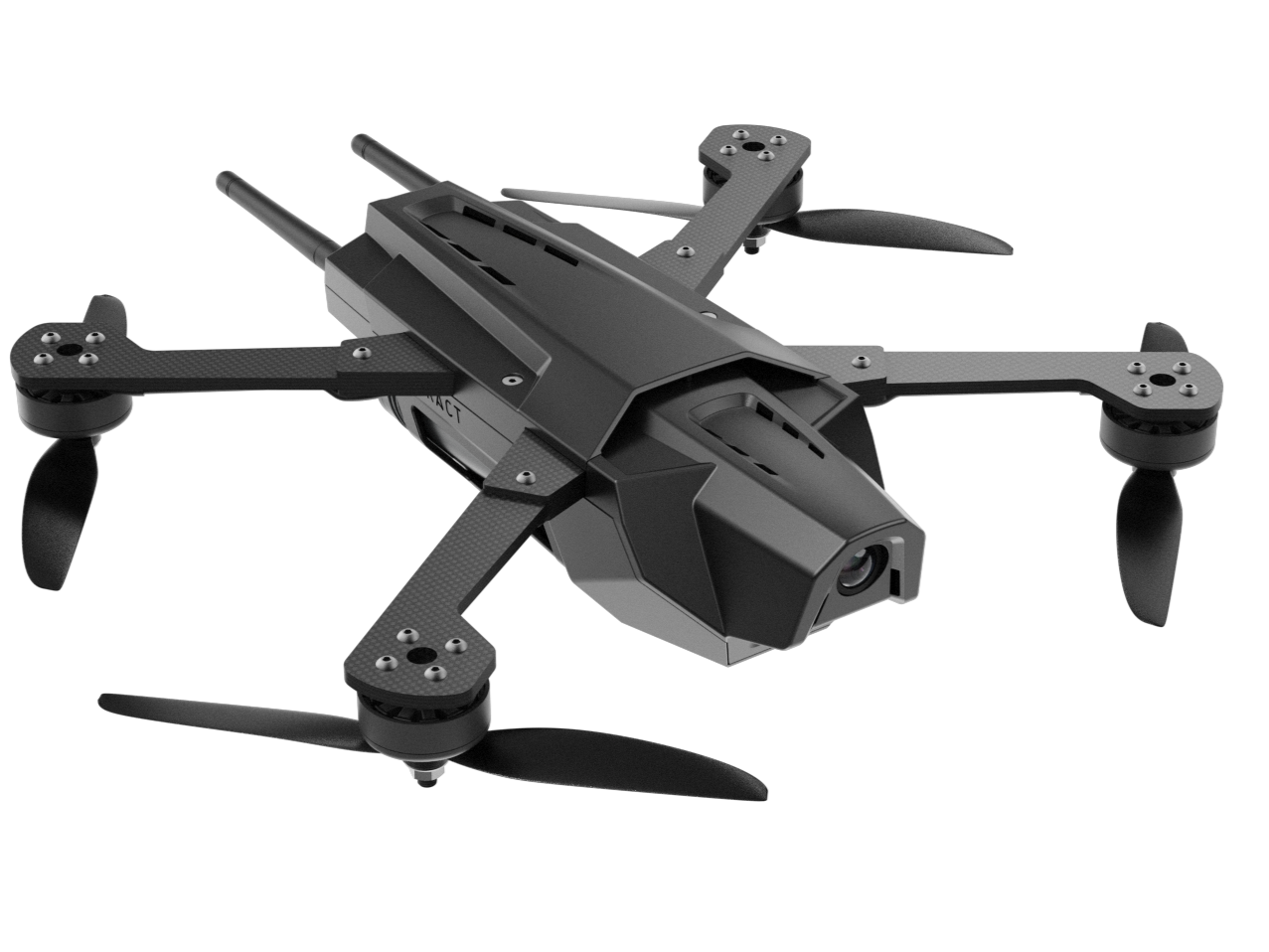 A black racing drone with four propellers and a camera mounted at the front, set against a black background.