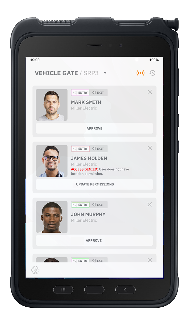 A smartphone screen showing a vehicle gate access control system with three employee profiles, Mark Smith, James Holden, and John Murphy, including status and permissions for entry and exit.