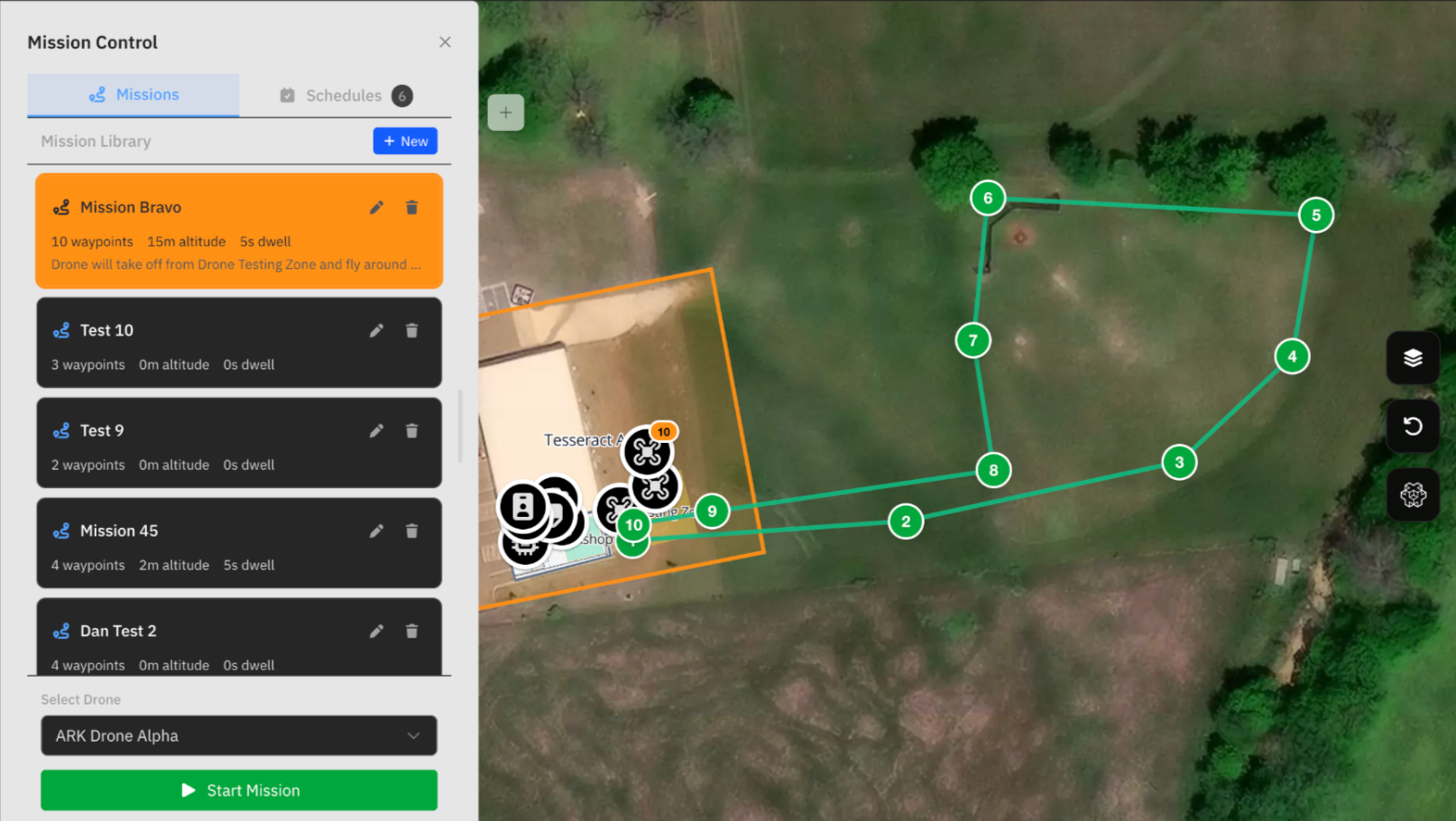A drone mission planning interface on a computer screen, showing a map with a circular drone flight path outlined in green and numbered waypoints, alongside a sidebar listing multiple drone missions, their waypoints, altitudes, and dwell times. The interface includes options to select a drone and start the mission.