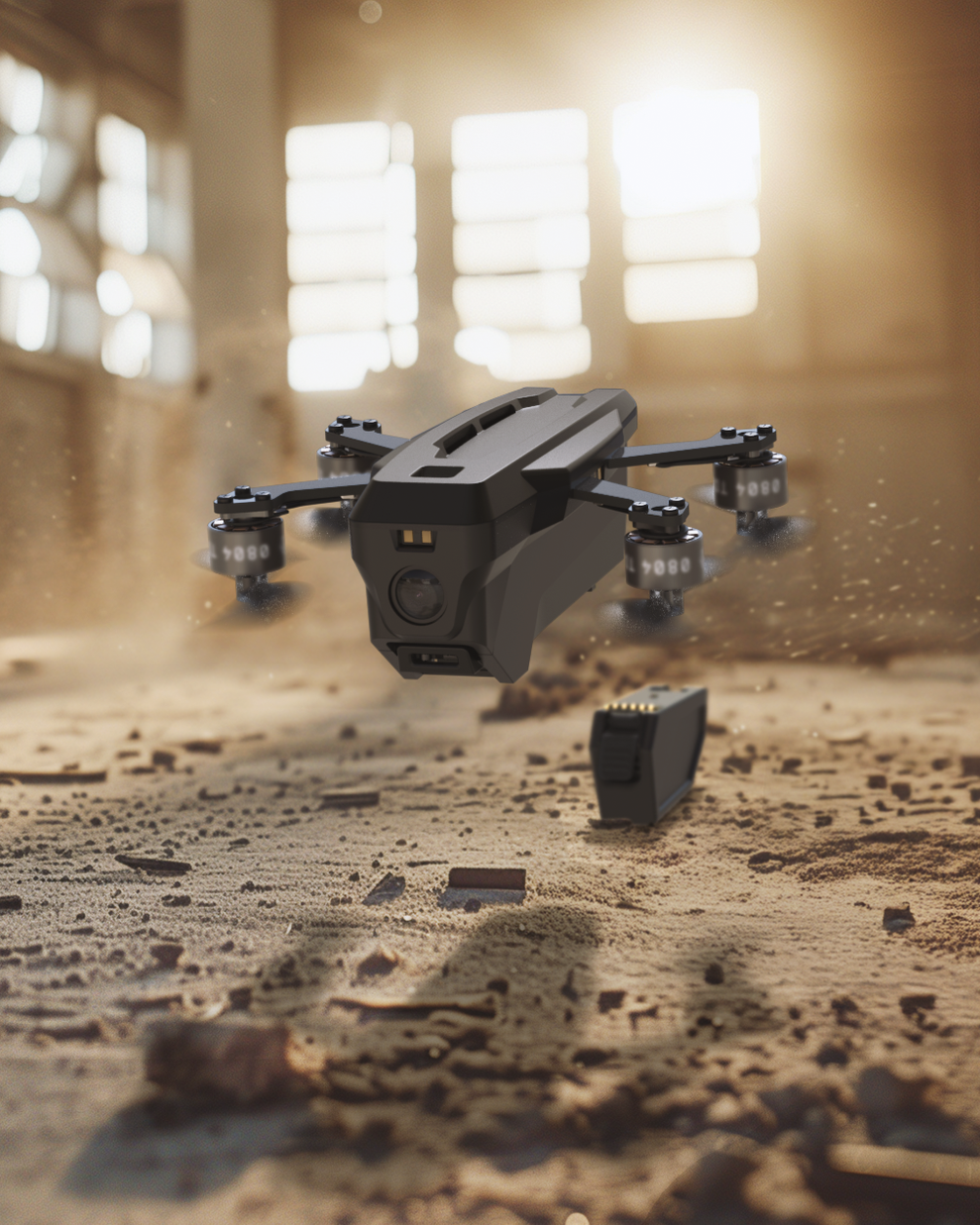 Tesseract Nano FPV drone with four propellers flying inside a dusty, abandoned building with broken windows and sunlight streaming through.