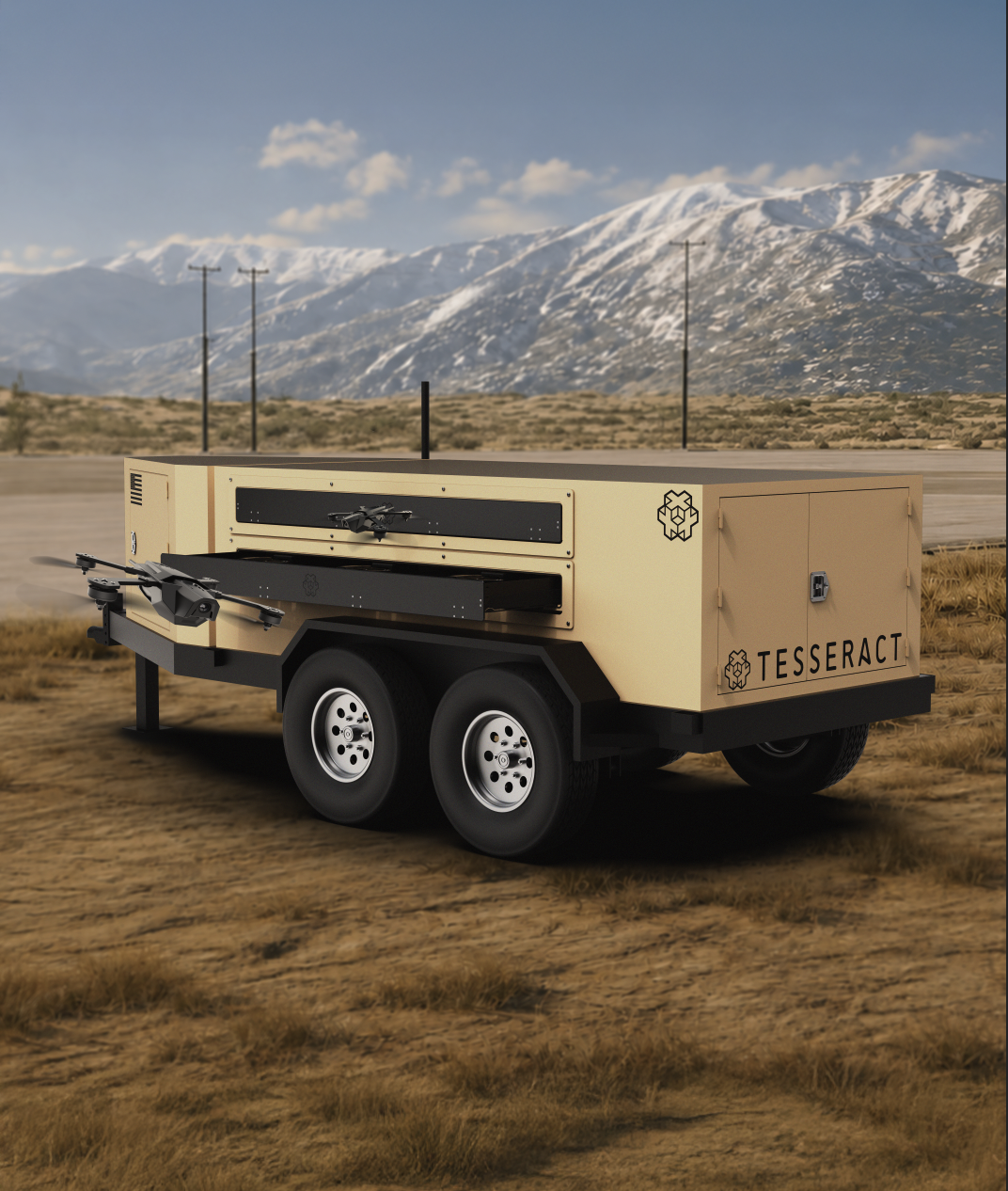 Autonomous vehicle with drones on a desert landscape with mountains in the background, branded with TESSERACT.