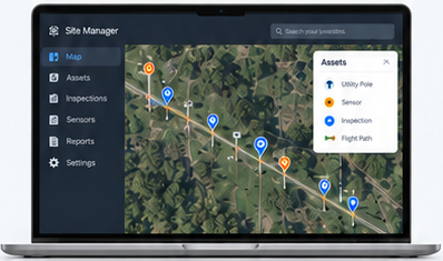 Computer screen displaying a map with asset markers from a site management application, including Unity Pole, Sensor, Inspection, and Fight Path.