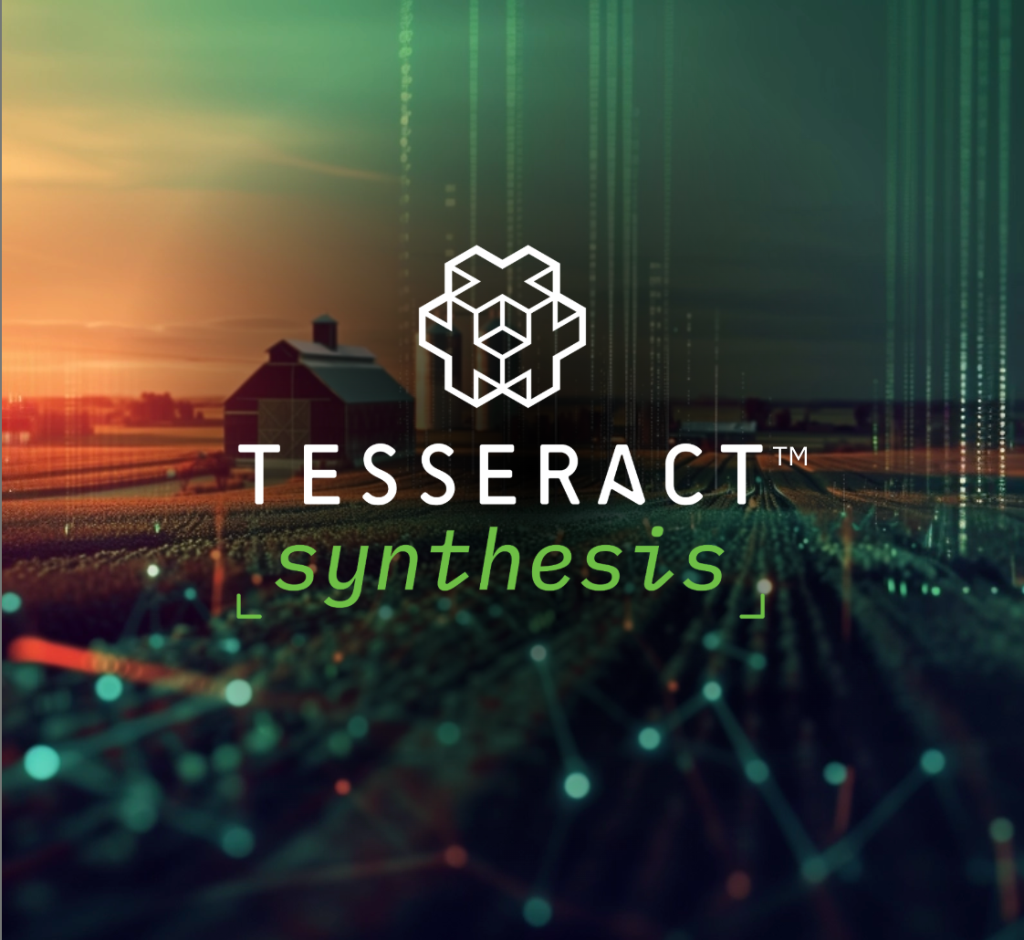Logo for Tesseract Synthesis with a digital landscape background